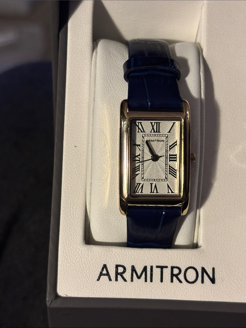 Armitron Gold-Tone Rectangle Watch with Navy Leather Strap